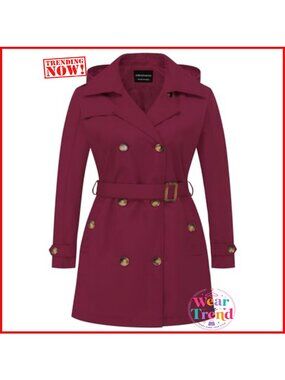 Plus Size Double-Breasted Trench Coat Water-Repellent Belted Hooded
